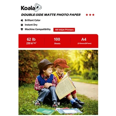 Bild av KOALA Dubbelsidig matt bläckstrålefotopapper A4, 230 gsm, 100 ark för bläckstråleskrivare. Lämplig utskrift av foton, broschyrer, omslag, certifikat, flygblad, kort