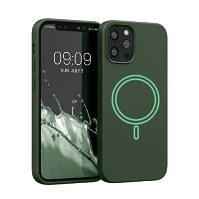 Bild av kwmobile fodral kompatibelt med Apple iPhone 12/iPhone 12 Pro magnetiskt silikonfodral MagSafe skydd gummerat mörkgrönt