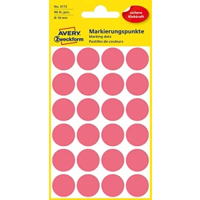 Bild av AVERY Zweckform 3172 självhäftande markeringspunkter (Ø 18 mm, 96 punkter på 4 ark, runda klistermärken för kalender, planerare och pyssel, papper, matt) ljusröd