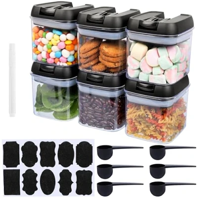 Bild av Belle Vous 6 pack matförvaringsbehållare med måttskopor, etiketter och färgpenna 500 ml lufttäta burkar i klar plast köks / skafferiförvaring för kryddor, socker, mjöl, snacks mer