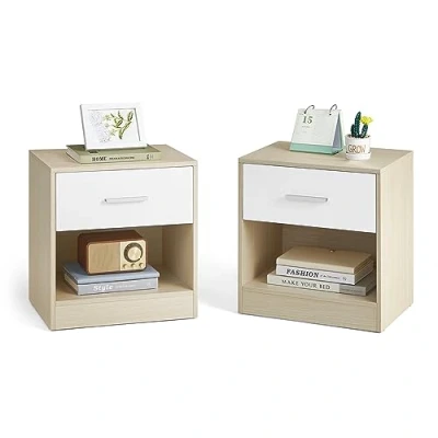 Bild av VASAGLE Set med 2, sängbord, sidobord låda, handtag, öppet fack, sovrum, vardagsrum, naturlig beige och klassisk vit LET819T67
