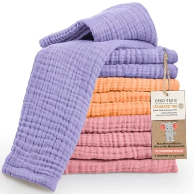 Bild av LAYNENBURG 10 pack med extra mjuka Muselina rapdukar 100 % bomull 30 x 50 cm Oeko Tex Muselindukar för muslinblöjor eller tygblöjor (flicka flerfärgad)