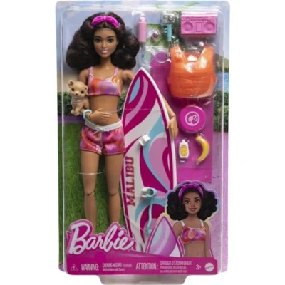 Bild av Barbie docka med surfbräda och hundvalp, ställbar brunhårig stranddocka tematillbehör som en handduk stereo HPL69