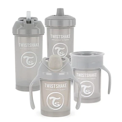 Bild av Twistshake Babyträning Sippy Cup Set 4 delar 1x 360 Mini Straw Kid Läckagesäkra Nappvattenflaskor BPA fri Non Spill för Småbarn 4+ månader Ljusgrå