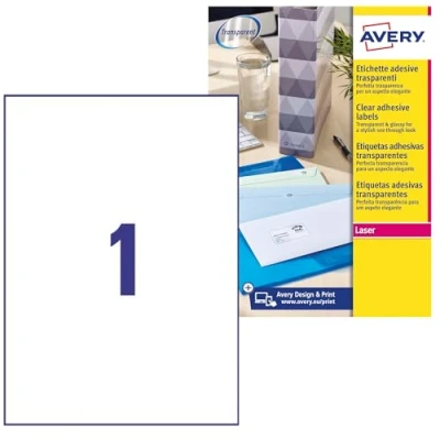 Bild av Avery J7567 25 adressetiketter för laserskrivare (1 etiketter per blad, 210 x 297 mm) stycken transparent