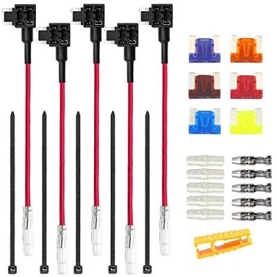 Bild av Aiqeer 5 Stycken 12V / 24V Lågprofil Säkringskranar, Add a Circuit Säkringshållare med 16 AWG Tråd, Gratis 6 Mikro Bladsäkringar och Säkringsavdragare (Butt Terminal)