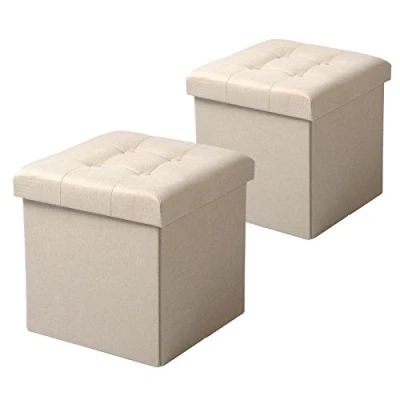 Bild av WOLTU SH06cm 2, uppsättning av 2 sittpall med förvaringsutrymme, sittkub, sittbänk, vikbar, förvaringslåda, lock, avtagbar, vadderad sits linne, 37,5 x 38 cm (L B H), krämvit