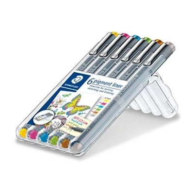 Bild av Staedtler Pigment Liner, Fineliner, Hohe Qualität, Pigmenttinte, dokumentenecht, lichtbeständig, wasserfest auf Papier, Linienbreite 0, 5 mm, box mit 6 Farben, 30805S2SB6
