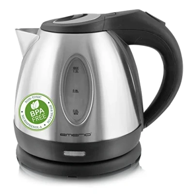 Bild av Emerio vattenkokare rostfritt stål, 1,2 liter, 1 500 watt, 360 bas kabelansluten &gt; trådlös, BPA fri, täckt värmeelement, automatisk avstängning, perfekt för hem, camping eller kontor,