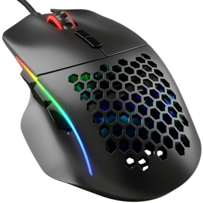 Bild av Glorious Gaming Model I, trådad gamingmus 69 g, 2 utbytbara knappar, RGB, PTFE fötter, 9 programmerbara tumstöd på sidan Svart