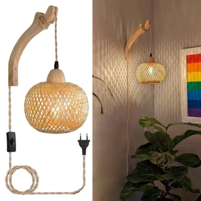 Bild av Vägglampa Inomhus i Trä, Vintage med Kontakt Och Strömbrytare, E27 Retro Bambu Lykta, Rotting Väggbelysning för Sovrum Vardagsrum (Utan Glödlampa)