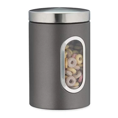 Bild av Relaxdays Förvaringsburk, med lock och visningsfönster, 1,4 l, för kaffe, mjöl, pasta, köksförvaringslåda, plast/metall, grå, 17 x 11 cm