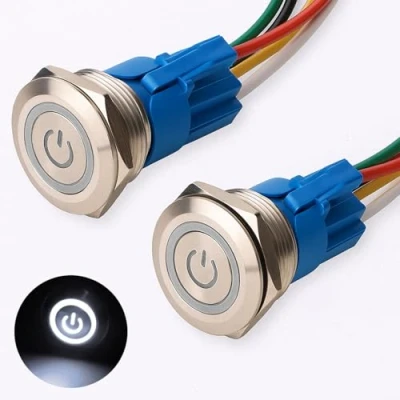 Bild av Gebildet 2 delar 0,87 tum/22 mm Rostfritt Stål Lås Tryckknapp Strömbrytare 12 V 24 5 A Effektsymbol LED 1NO1NC SPDT ON/OFF Vattentät med Tråduttag (Vit LED)