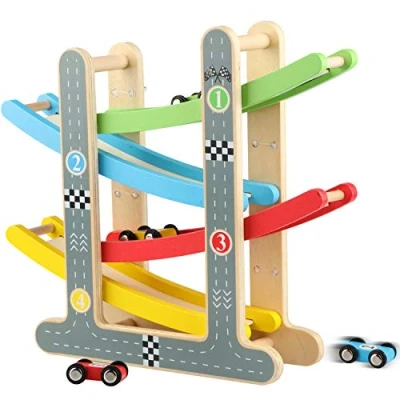 Bild av Jacootoys Race Racer Track Car Driveway med 4 Mini Toddler Toys för 1 2 åriga pojkar och tjejgåvor