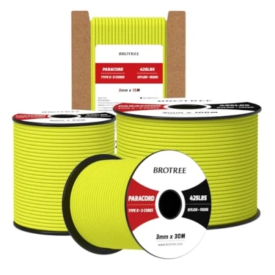 Bild av Brotree 3mm Paracord 425 30M 100% Nylonrep 3 Trådar Sladd Typ II för Utomhus, Hundkoppel, DIY, Hantverk 192kg Brottlast (Neongul)