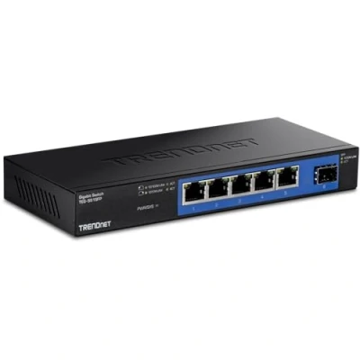 Bild av TRENDnet TEG S51SFP 4 portars gigabit switch med SFP fack, 10 Gbps kopplingskapacitet, fläktlös design, metallhölje, magnetisk montering