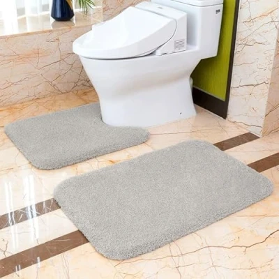 Bild av Halkfri badmatta uppsättning 2 delar förtjockat badrumsmattor set absorberande ultramjuk bad och piedestal toalettmatta fluffig mikrofiber 50 x 80cm + 60cm U (Ljusgrått)