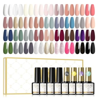 Bild av ROSALIND Gel Nagellack Kit 40 Flaskor Inkluderar Top Coat, Base Coat Matte, Primer, Nail Polish UV LED 8ml 36 Färger Gelack Brun Naken Grön Rosa Glitter för Nageldesign