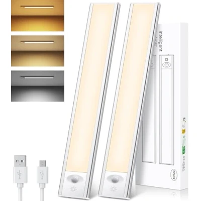 Bild av 84LED rörelsesensorlampor inomhus, 2 pack kökslampor för underskåp, dimbara skåplampor med 3 lägen, magnetiska uppladdningsbara garderobslampor skåp, garderob, kök, trappa, hall