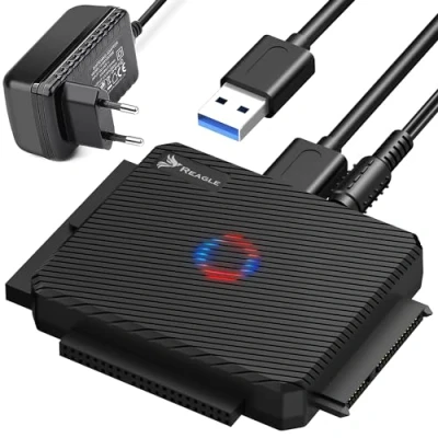 Bild av Reagle USB 3.2 till SATA/IDE adapter med LED, 16 TB stöd, Plug &amp; Play för Windows/Mac OS, 5 Gb/s överföring, 12 V 3 A strömförsörjning, varmswappning, på/av brytare