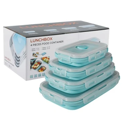 Bild av Hopfällbar silikon matförvaringsbehållare med lock, bärbar lunch bentolåda utomhus picknickbox platsbesparande, mikrovågsugn, diskmaskin och frys, set 4 (ljusblå)