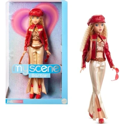 Bild av Barbie Signature My Scene docka och accessoarer, i Y2K inspirerad outfit med konstläderjacka, utsvängda byxor, sadelväska dockställ, HYC17
