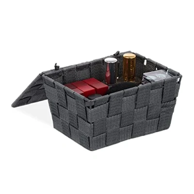 Bild av Relaxdays Förvaringskorg med lock, flätutseende, badrum arrangör H x B D: 10,5 19,5 14,5 cm, plast, grå