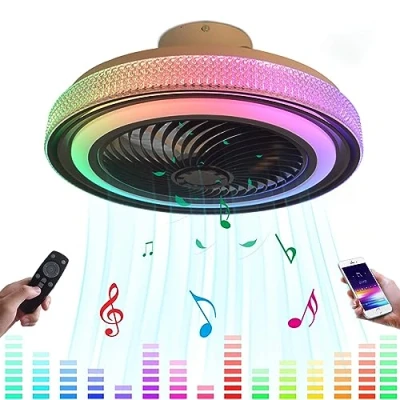 Bild av Tyst fläkt, LED taklampa med fjärrkontroll, dimbar RGB musik, takfläkt lampor och Bluetooth högtalare, fläktlampa, för sovrum, barn, rum