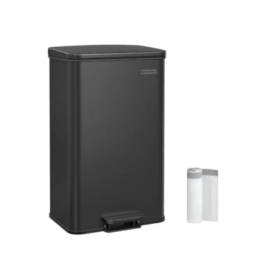 Bild av Songmics Papperskorg kök, 40 liters papperskorg, stor sophink, med lock, av stål, softclose, inklusive 15 soppåsar, svart LTB540B4002