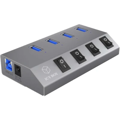 Bild av ICY BOX IB Hub 1405 4 vägs USB 3.0 och laddare, på/av brytare för varje port, strömförsörjning (5 V/4 A), aluminium, laddningsstandard BC 1.2, grå