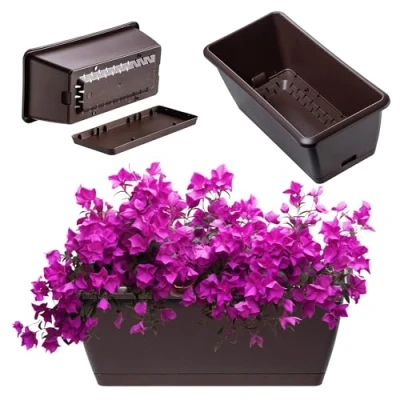 Bild av KADAX Blomlåda, planteringslåda i 2 storlekar och 4 färgvarianter, balkonglåda av plast, planteringskruka med underlägg, hållbar balkongkruka (40 cm/brun)