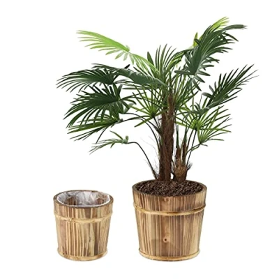 Bild av Relaxdays blomkruka set med 2, rund trä ytterkruka i 2 storlekar, Ø 24 och 19 cm, träfat inomhus utomhus, natur