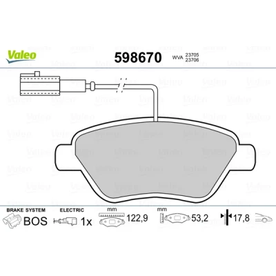 Bild av VALEO 598670 Jeu de plaquettes frein Essieu avant contact signal d&#039;usure inclus avec kit vis fixation, tôle anti bruit
