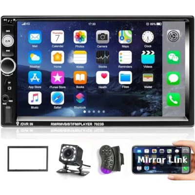 Bild av CAMECHO 7 tums pekskärm dubbel Din bilstereo med backup kamera Bluetooth/FM radio/rattkontroll/fjärrkontroll stöder spegellänk (används i Android/iOS)