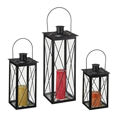 Bild av Relaxdays lyktor set om 3, dekorationslyktor för utomhus och inomhusbruk, 3 storlekar, metall glas, ljus, svart