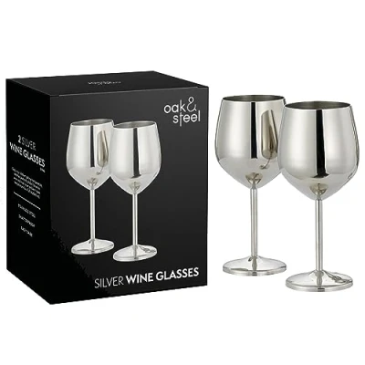 Bild av Oak &amp; Steel 2 silvervinglas av rostfritt stål (520 ml) okrossbara metallglas, rödvinsglas för speciella tillfällen med presentförpackning