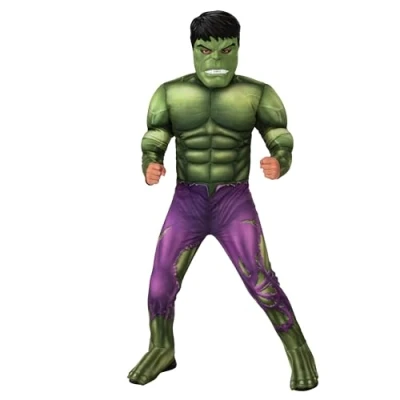 Bild av Rubies Hulk Deluxe kostym för barn i åldrarna 78 år, vadderad brösttröja, stövelöverdrag och mask, officiell Marvel dräkt karneval, jul, födelsedag, fest, halloween