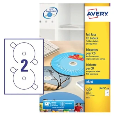 Bild av Avery J8676 100 Utskrivbara, anpassningsbara heltäckande CD etiketter, 2 etiketter per A4 ark, Vit