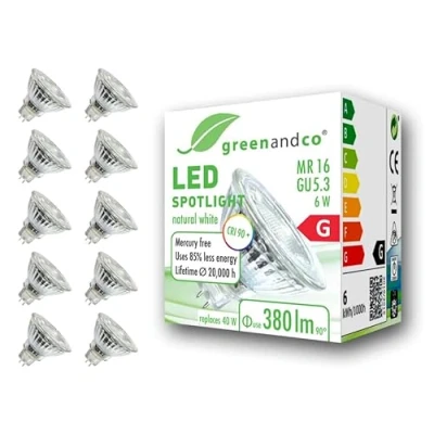 Bild av 10x greenandco CRI 90+ 4000K 36 LED spot ersätter 40W GU5.3 MR16 halogenstrålkastare, 6W 380lm neutralvit 12V AC/DC, flimmerfri, inte dimbar