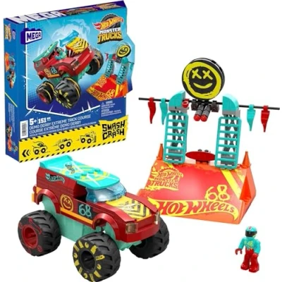 Bild av MEGA Hot Wheels Monster Trucks byggleksaker, Demo Derby Extremt svår stuntbana med 151 delar och 1 mikroactionfigur, röd, presentidé till barn, HNG53