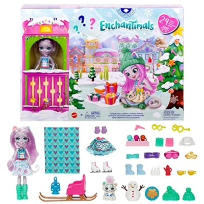 Bild av Enchantimals Holiday Wonders Countdown adventskalender med Sybill Snow Leopard docka (15 cm), djurfigur och 24 tillbehör, perfekt present till barn från 4 år, HHC21
