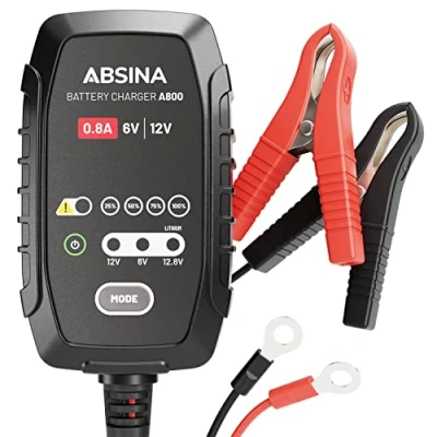 Bild av ABSINA Batteriladdare motorcykel helautomatisk AGM laddare 6 V &amp; 12 blybatteri upp till 26 Ah/12,8 litiumbatteri 15 Ah skoter och motorcykelladdare med 3,4 m kabel 800 mA