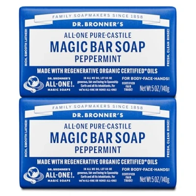 Bild av Dr. Bronner’s Pure Castile Bar Soap (Peppermint, 5 ounce) Made with Organic Oils, For Face, Body and Hair, Gentle Moisturizing, Biodegradable, Vegan, Cruelty free, Non GMO (5 Ounce, 2 Pack)