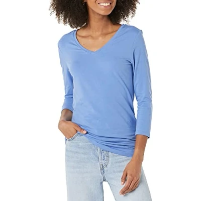 Bild av Amazon Essentials Women&#039;s V ringad T shirt klassisk passform med kvartsärmar (finns i plusstorlek), Blå, XS