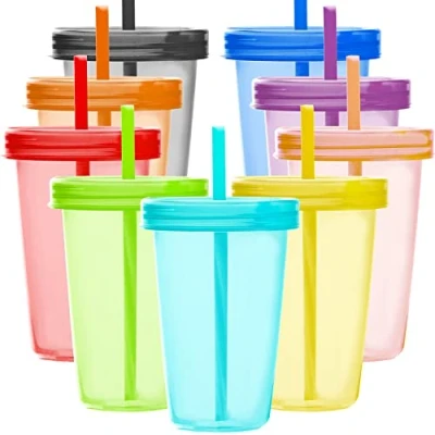 Bild av Youngever 9 uppsättningar 500 ml plastkoppar med lock och sugrör, återanvändbara sugrör i olika färger