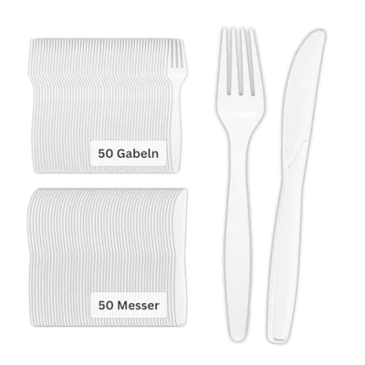 Bild av Linario gaffel och knivset, återanvändbara knivar, biologiskt nedbrytbar, ingen plast, hållbar, 50 knivar vardera gafflar