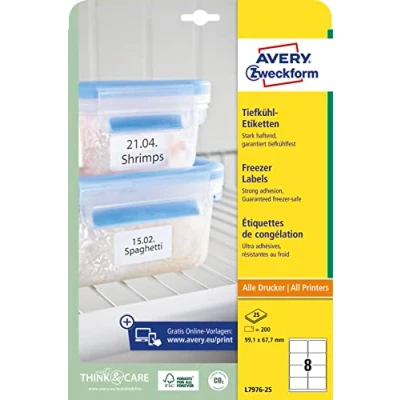 Bild av AVERY Zweckform L7976 25 frysetiketter (200 klistermärken, 99,1 x 67,7 mm på A4, självhäftande, temperaturbeständiga och fryssäkra självhäftande etiketter för frys, tryckbar) ark, vit