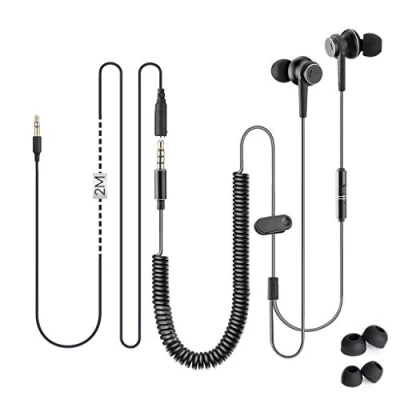 Bild av Avantree in ear TV hörlurar lång kabel, långa med mikrofon och 5,5 m förlängningssnöre för PC, metall stereo headset öronproppar spiralkabel HF027