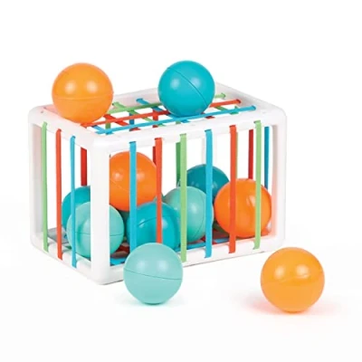 Bild av Ludi Hanteringskub babyuppvaknande leksaker från 10 månader utvecklar tänkande, finmotorik, beröring och upptäckt 1 elastisk kub + 12 orange blå Rigolo ljudbollar
