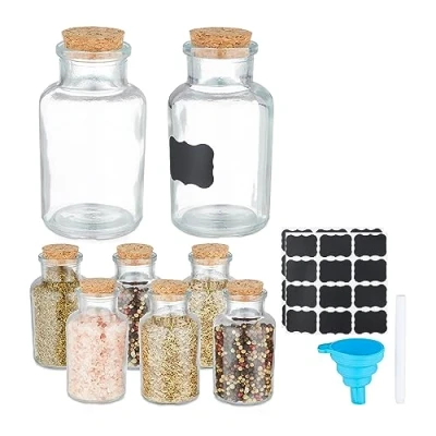 Bild av Relaxdays kryddburkar set om 8, korklock, glas, 150 ml, inklusive etiketter, penna och tratt, transparent, kork, silikon